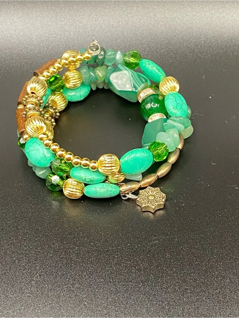 Boho multi strand Green Gold tone & wood Beaded Stretch Bracelet